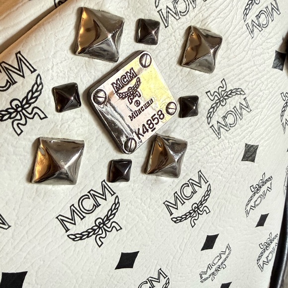 MCM Monogrammed Backpack in White and Black with Studs - Picture 7 of 11